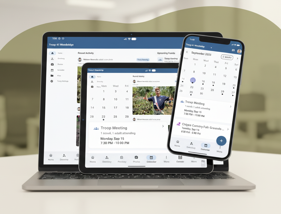 Campfire app dashboard preview showing event calendar and member directory