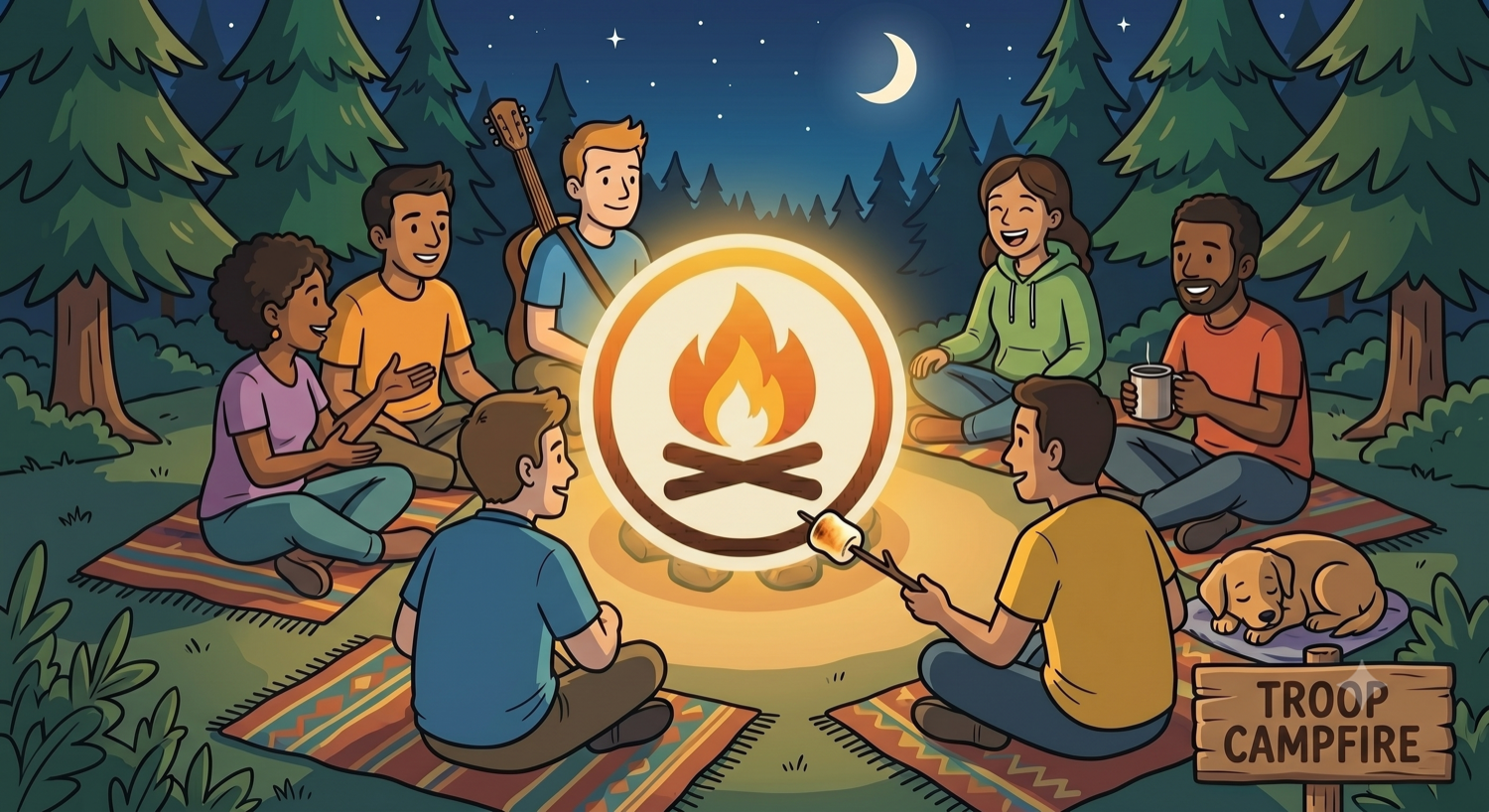 Illustration of a Scout troop gathered around a campfire at night