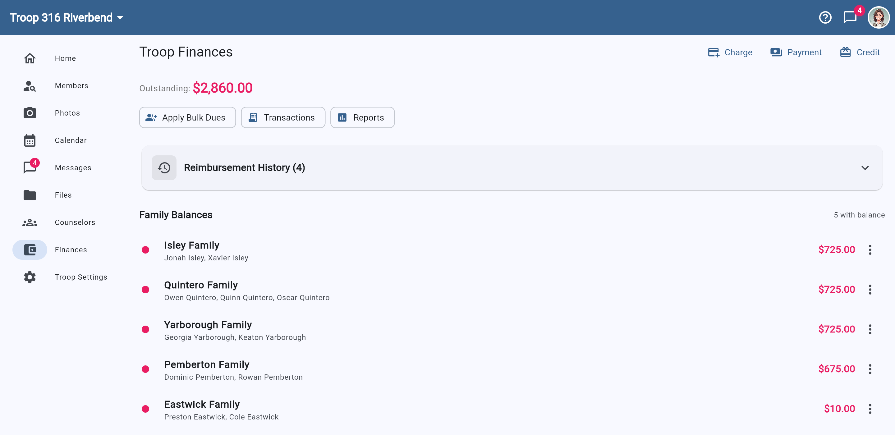 Troop finances dashboard showing total outstanding balance, bulk dues and reporting actions, and a list of family balances