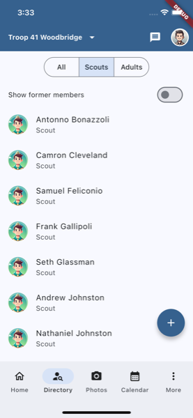 Member directory showing Scout profiles with photos and contact information