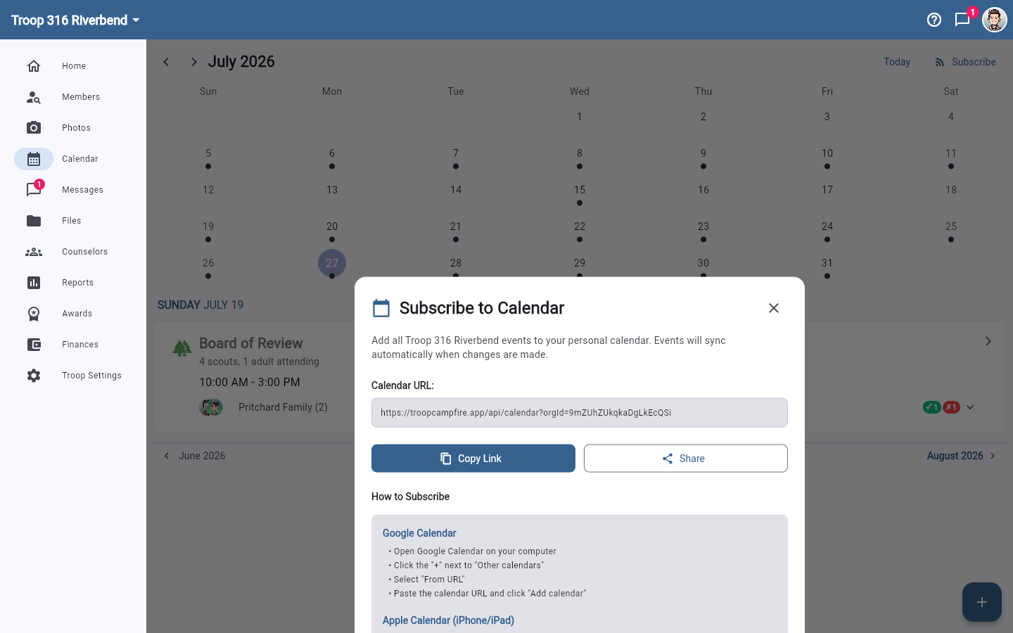 The Subscribe to Calendar dialog showing the calendar URL, Copy Link and Share buttons, and per-app instructions.