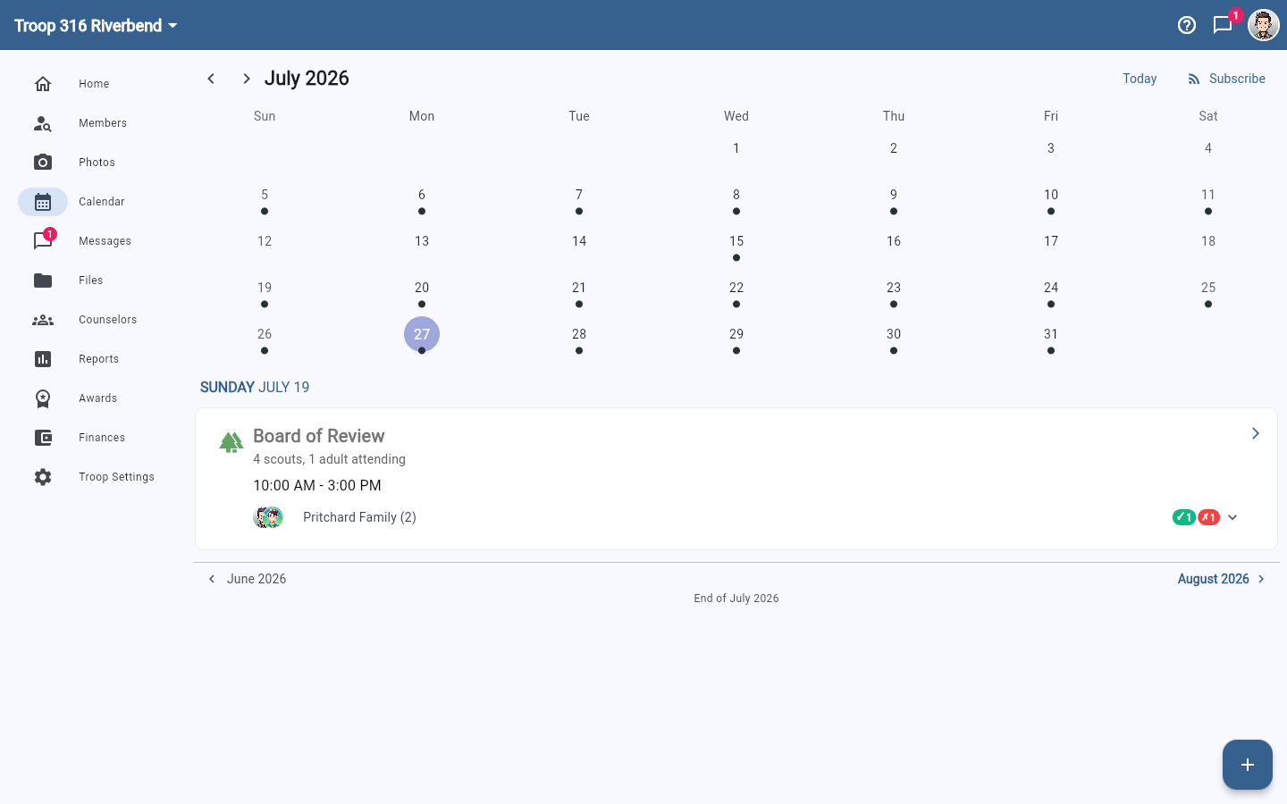 The Campfire calendar showing a month grid with event dots and the selected day's event listed below.