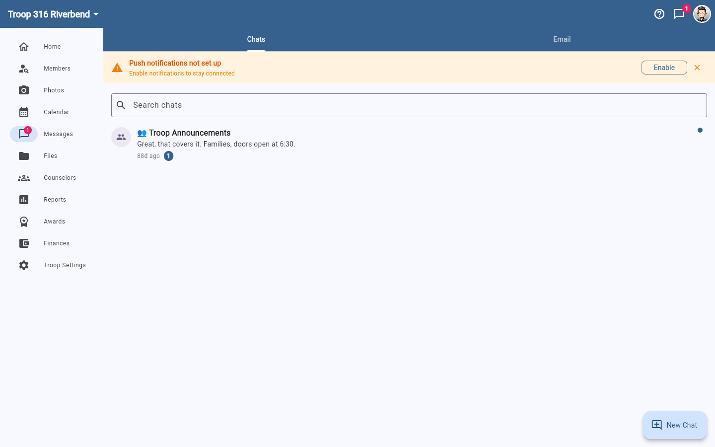 The Messages page showing the Chats and Email tabs, a search box, the chat list, and the New Chat button.