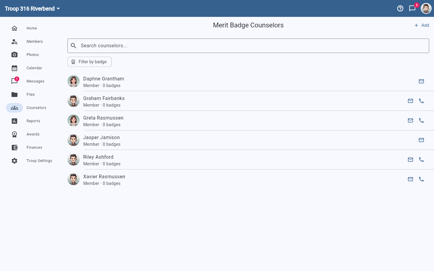The Merit Badge Counselors directory with a search box, a Filter by badge button, and counselors listed with contact icons.