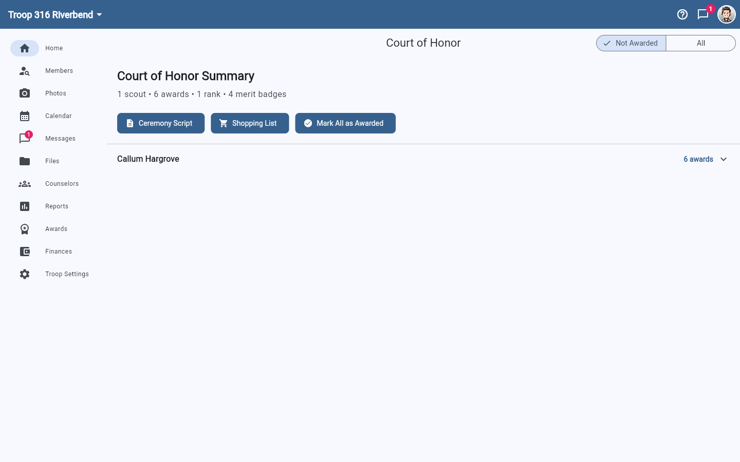 The Court of Honor page showing a summary line, Ceremony Script, Shopping List, and Mark All as Awarded buttons.