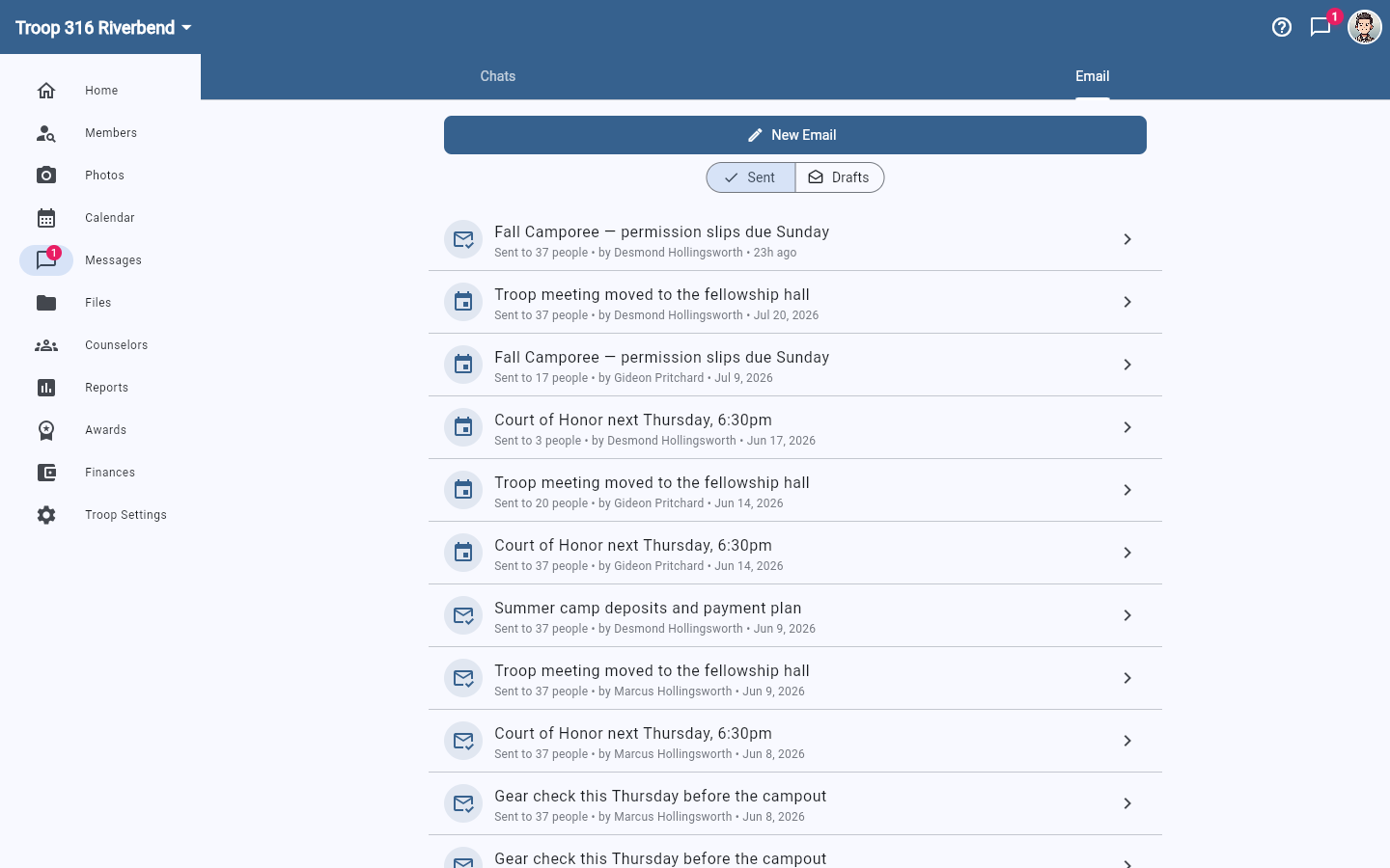 The Email tab showing the New Email button, Sent and Drafts toggle, and a list of previously sent emails with recipient counts and senders.