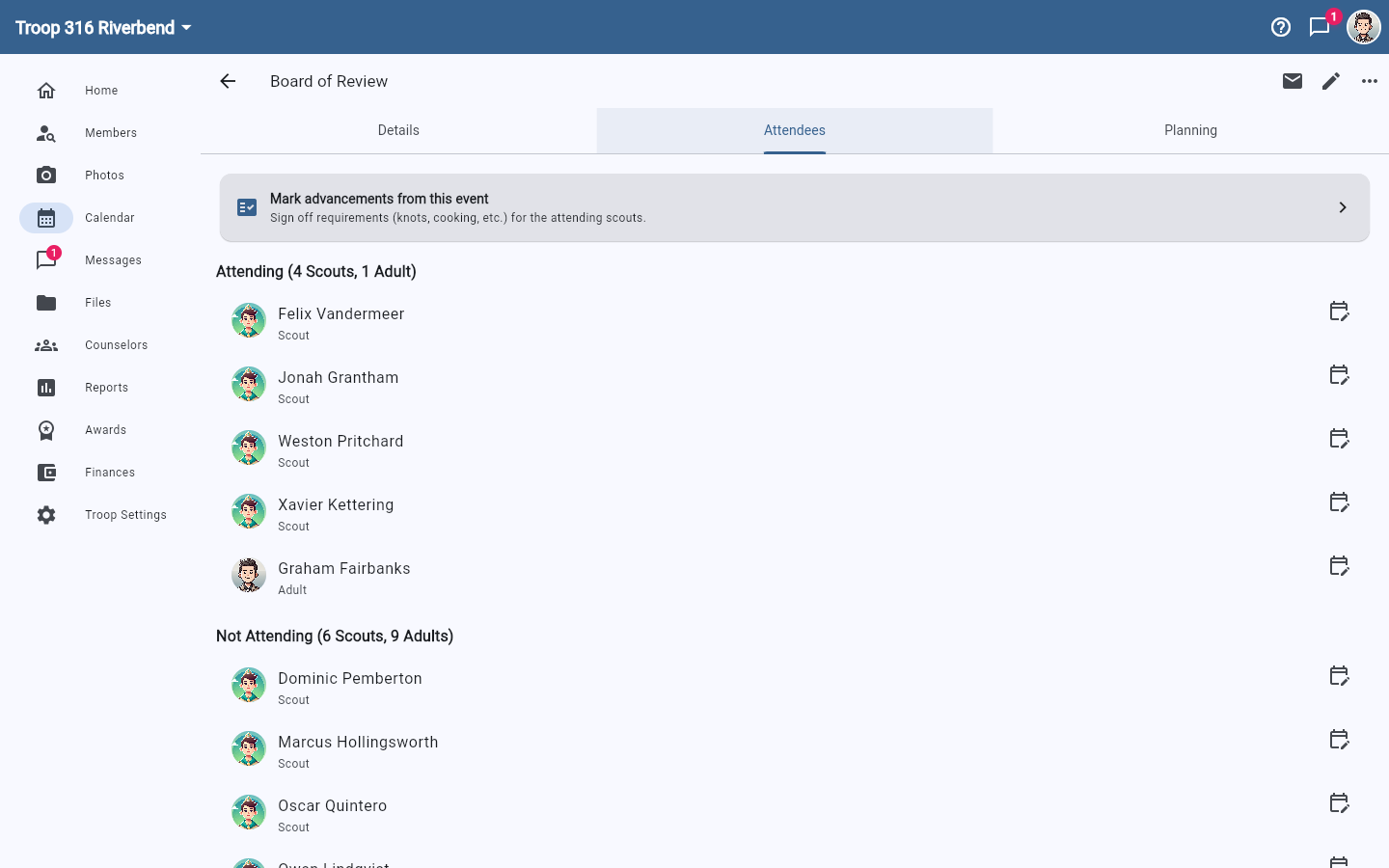 The Attendees tab of an event, showing RSVPs grouped into Attending and Not Attending with separate Scout and adult counts.