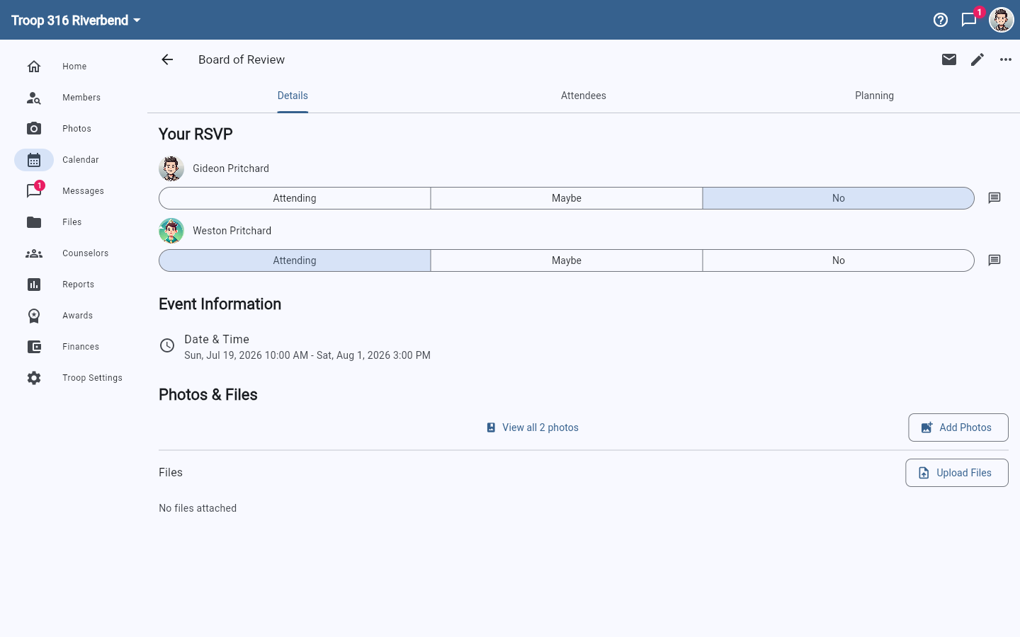 An event's Details tab showing Your RSVP with Attending, Maybe and No buttons for each family member.