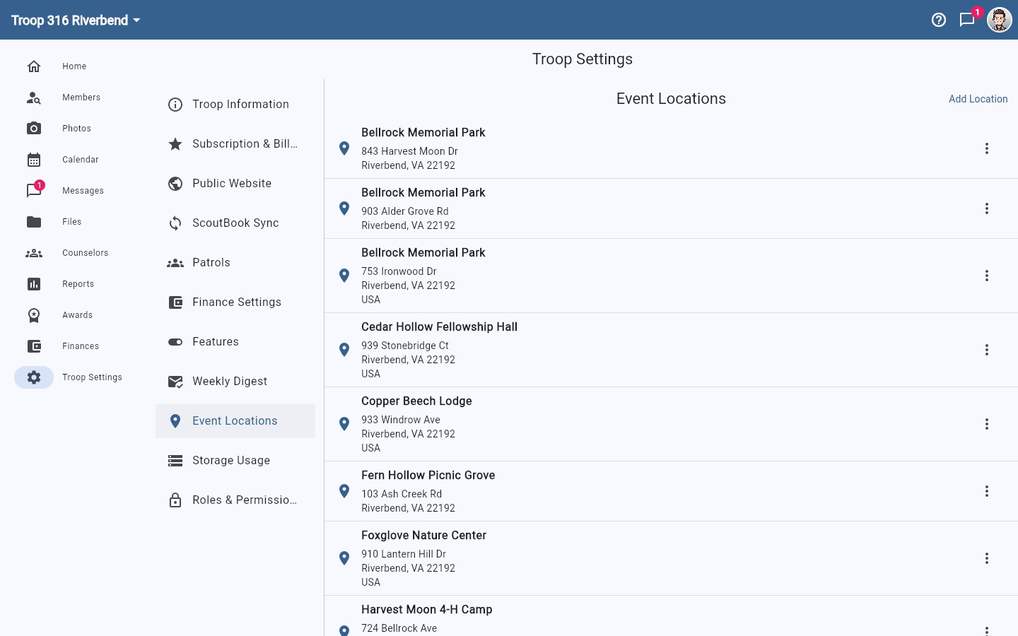 The Event Locations settings page listing saved venues with their addresses and an Add Location button.