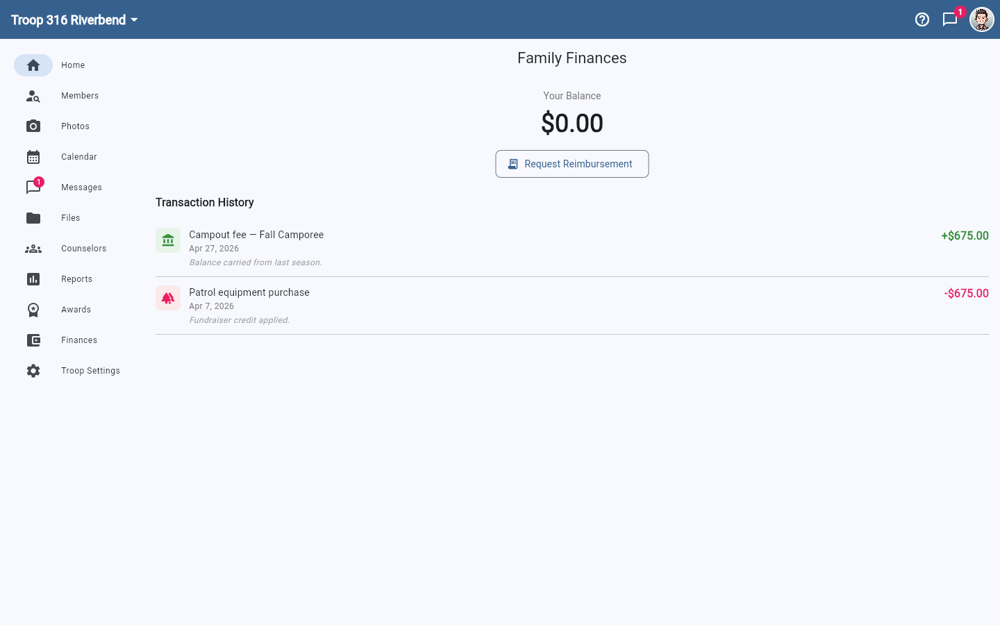 The Family Finances page showing a balance, a Request Reimbursement button, and a transaction history listing charges and credits.