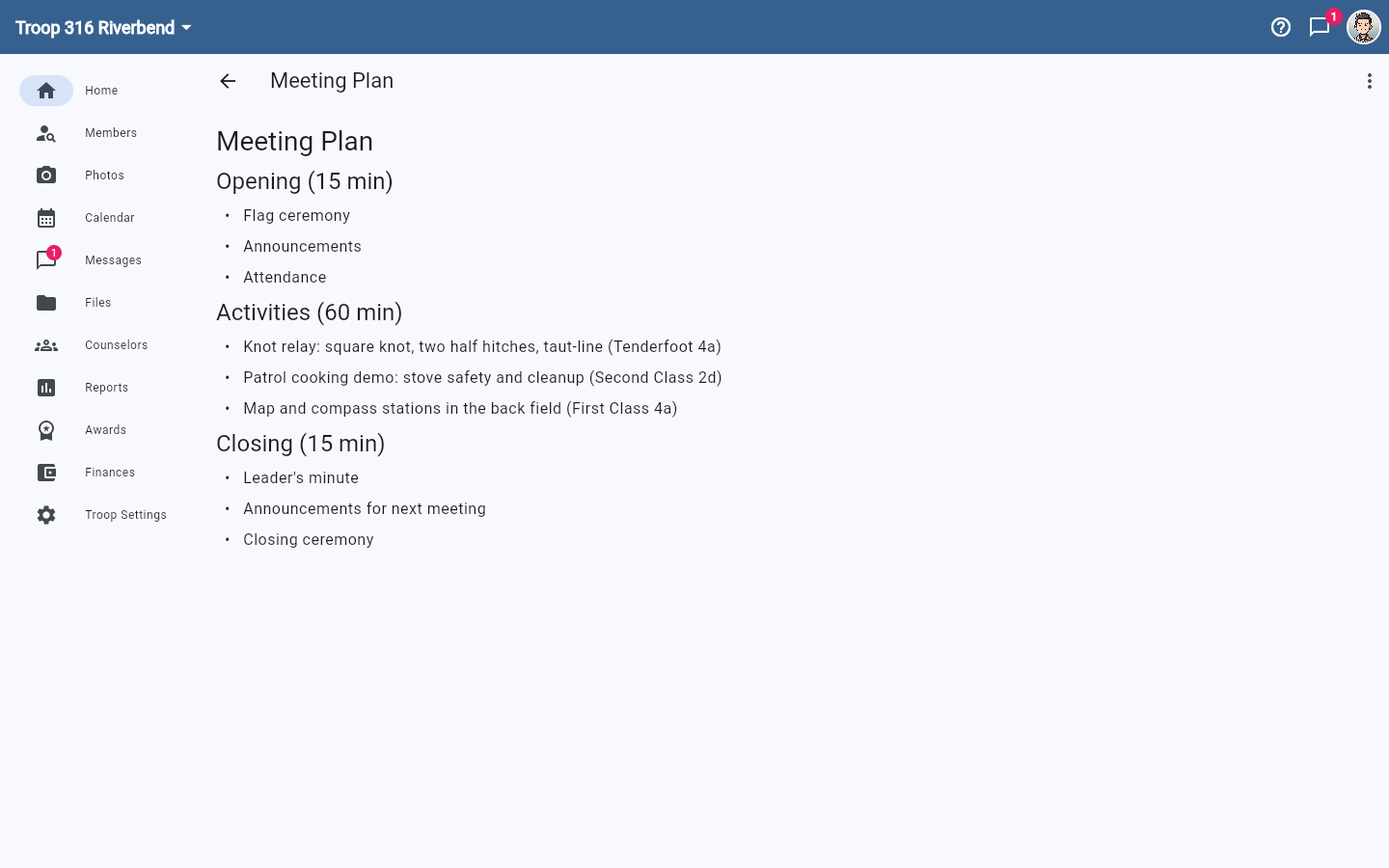 A saved meeting plan showing Opening, Activities, and Closing sections with timings and bulleted activities.