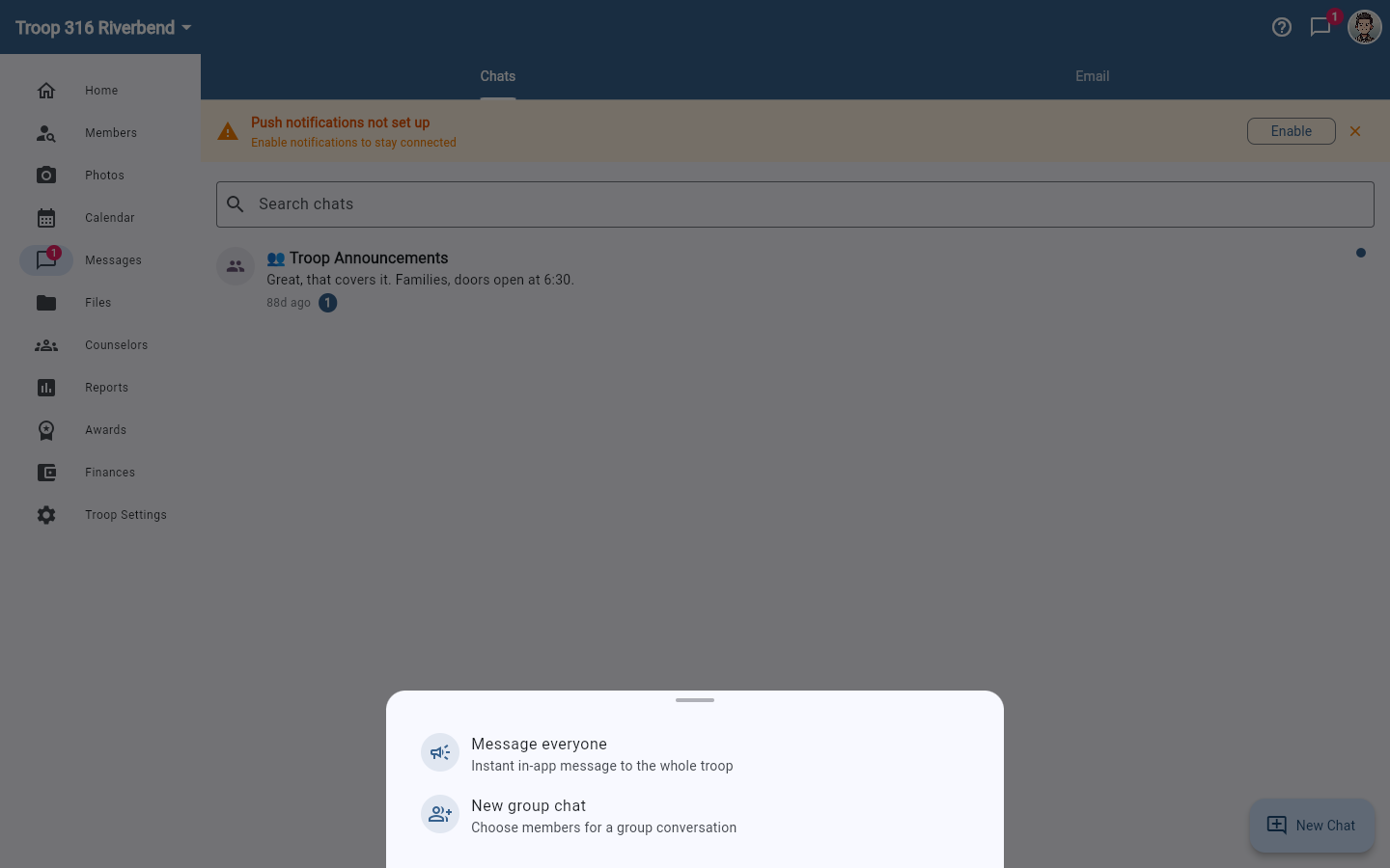 The New Chat sheet offering Message everyone and New group chat.