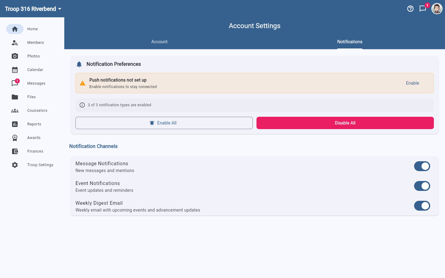 The Notifications tab of Account Settings, showing the Message Notifications, Event Notifications, and Weekly Digest Email toggles.