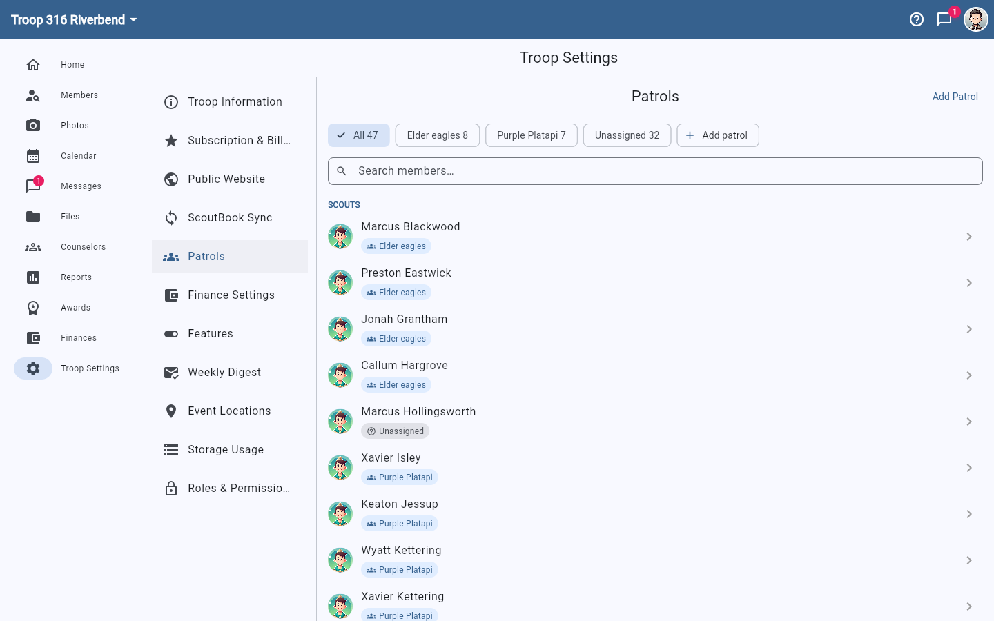 The Patrols settings page showing patrol filter chips with member counts, a search box, and members tagged with their patrol.