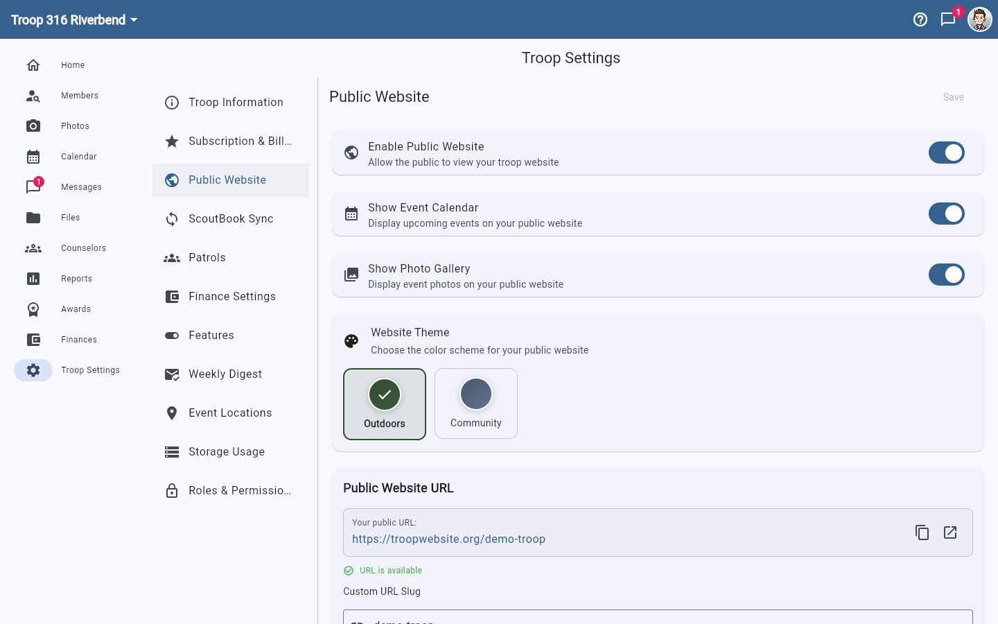 The Public Website settings page showing the Enable Public Website, Show Event Calendar and Show Photo Gallery toggles, the theme picker, and the public website URL.
