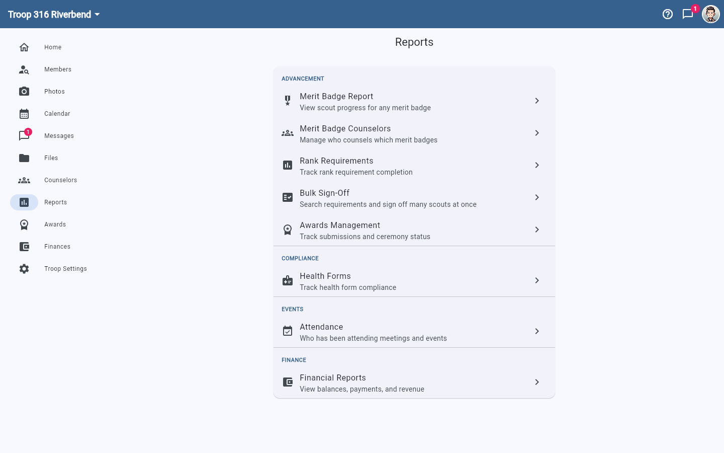 The Reports page grouped into Advancement, Compliance, Events, and Finance sections.