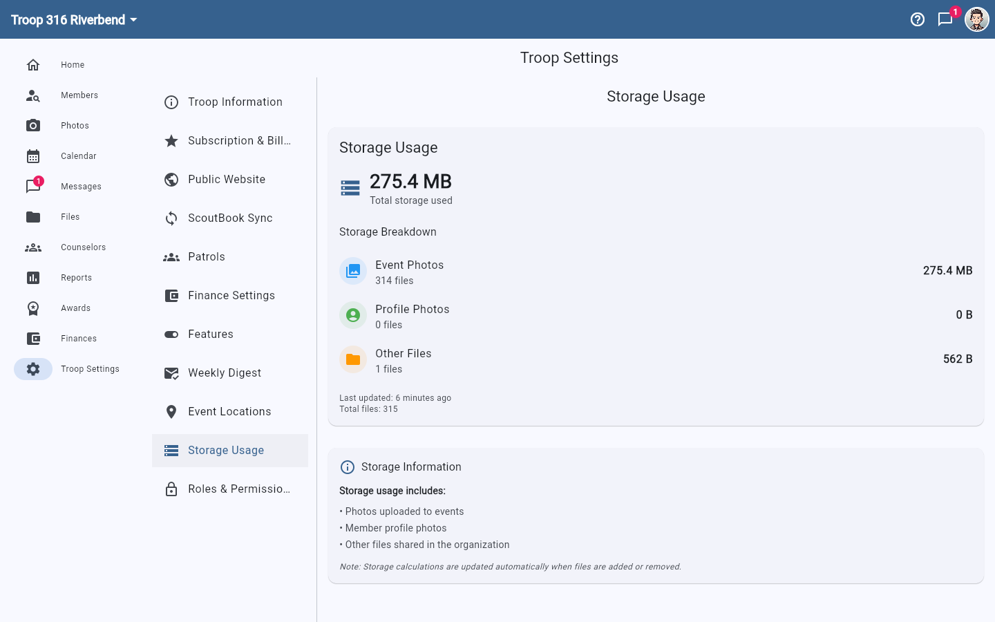 The Storage Usage settings page, breaking usage into Event Photos, Profile Photos, and Other Files.
