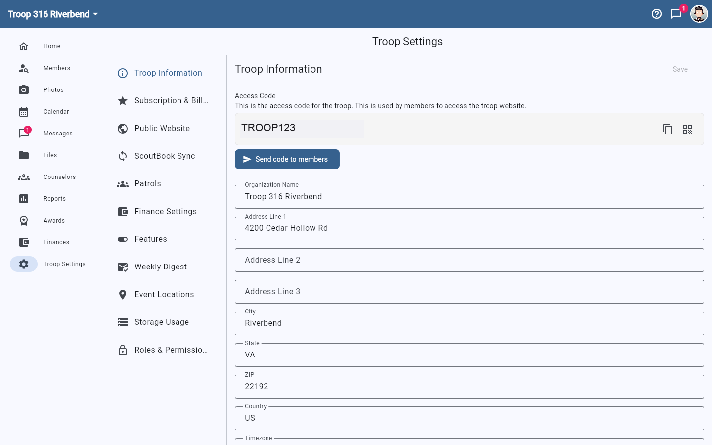 The Troop Information settings page showing the Access Code field and the Send code to members button.