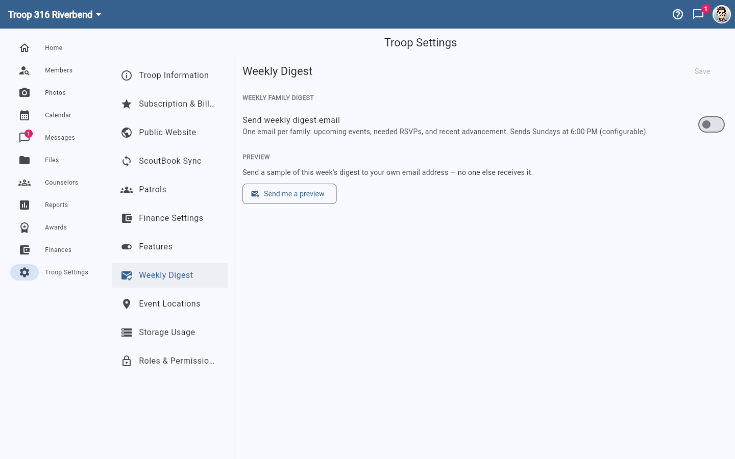 The Weekly Digest settings page with the send toggle and a Send me a preview button.